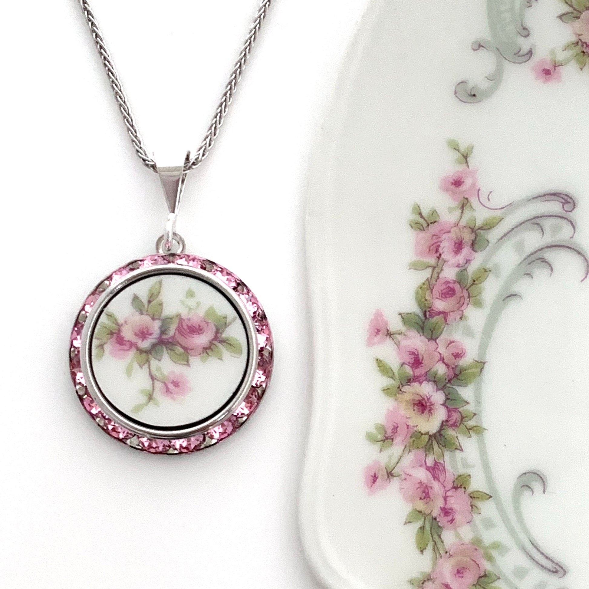 French Limoges China Necklace, 20th Anniversary Gift for Wife, Crystal Necklace, Shabby Chic Broken China Jewelry, Birthday Gift