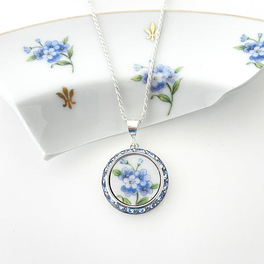 Forget Me Not Flower Crystal Necklace, Broken China Jewelry, Unique 20th Anniversary Gift for Wife, Birthday Gifts for Women