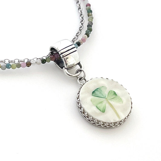 Sterling Silver Celtic Necklace, Irish Belleek Broken China Jewelry, 20th Anniversary Gift for Wife, Tourmaline Necklace, Shamrock Necklace