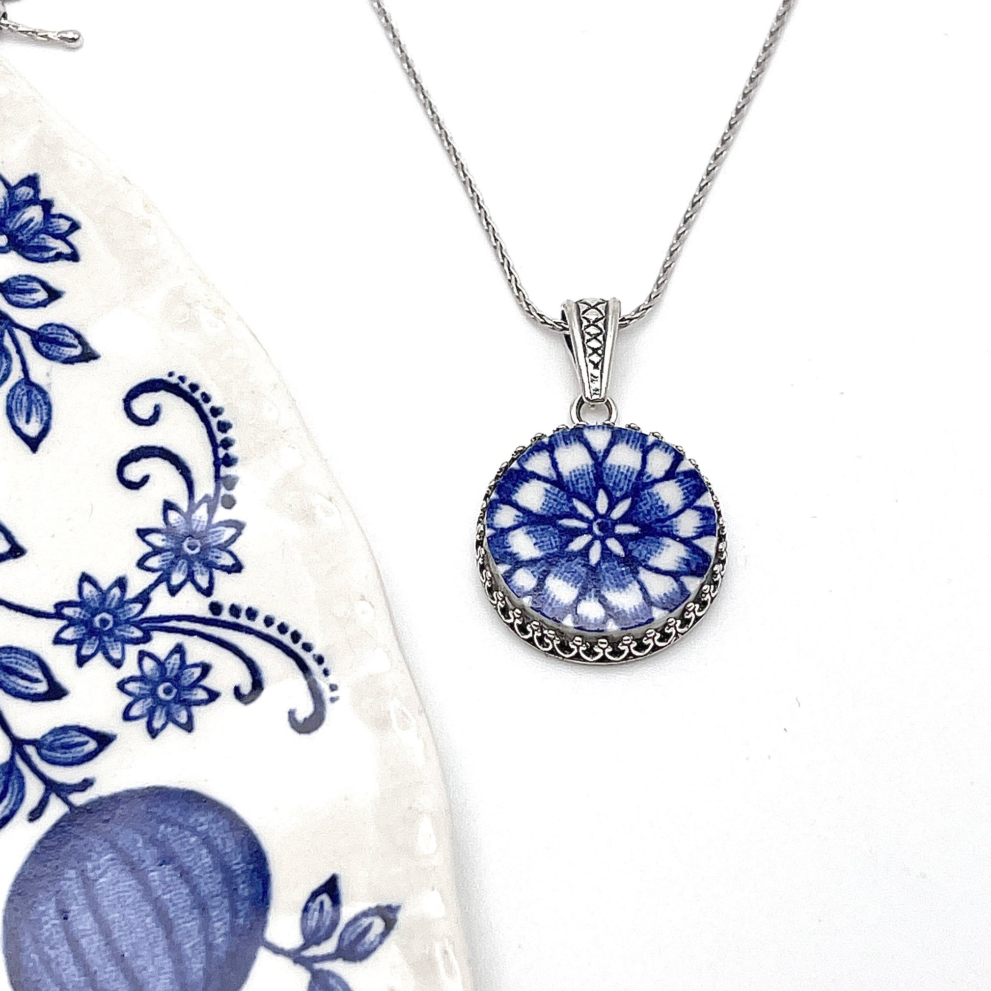 Adjustable Blue Onion Vintage China Necklace, Sterling Silver Broken China Jewelry, Unique Gifts for Women