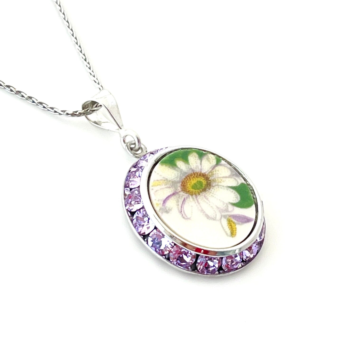 Broken China Jewelry Pendant Necklace, Crystal Daisy Necklace, Unique Gifts for Women, Birthday Gift for Her