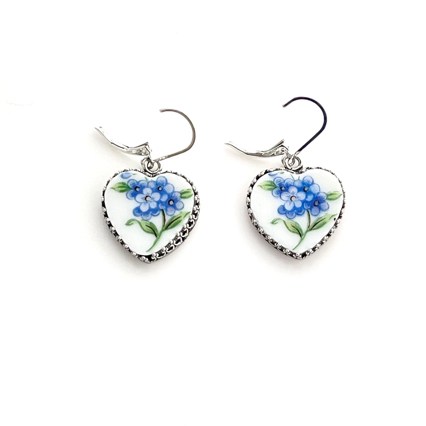 Forget Me Not China Earrings, 20th Anniversary Gift for Wife,  Blue Broken China Jewelry, Heart Forget Me Not Earrings, Jewelry Gifts