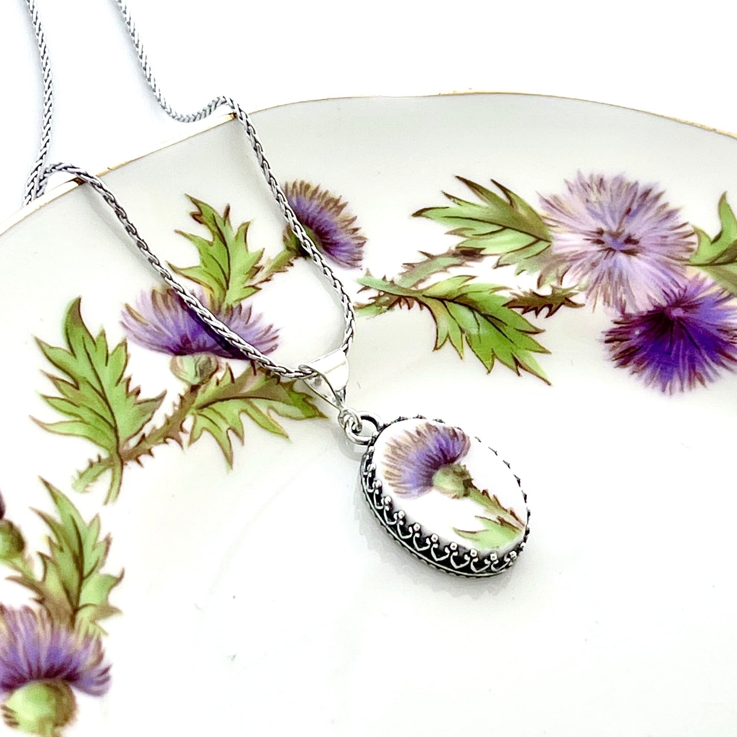 Adjustable Scottish Thistle Necklace, Dainty Sterling Silver Broken China Jewelry, Scottish Gifts for Women, Anniversary Gifts