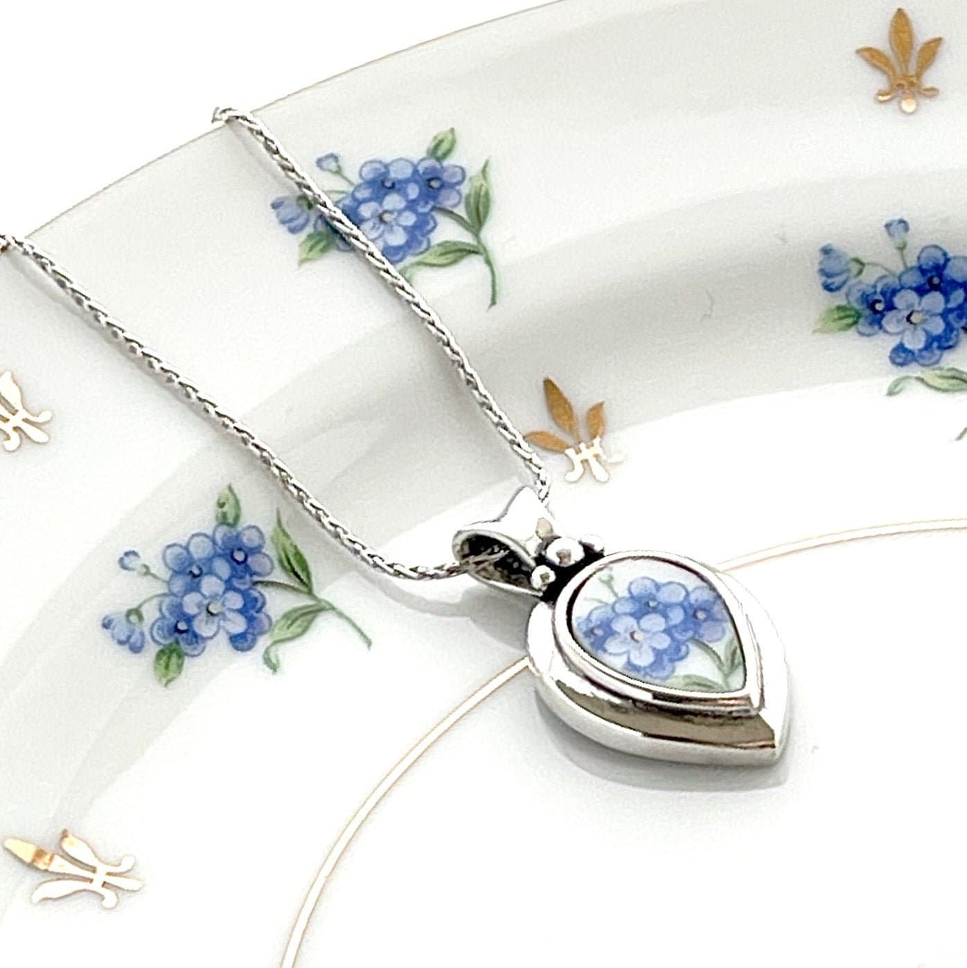 Adjustable Forget Me Not Broken China Necklace, Dainty Sterling Silver Necklace, Unique 20th Anniversary Gifts, Gifts for Women
