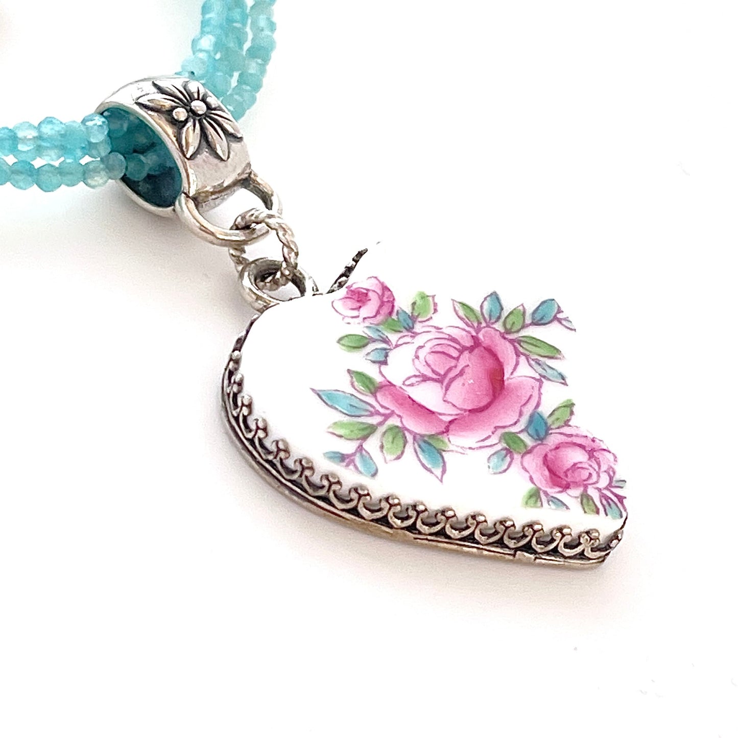 Minton China Persian Rose Broken China Jewelry, 20th Anniversary Gift for Wife, Romantic Heart Necklace