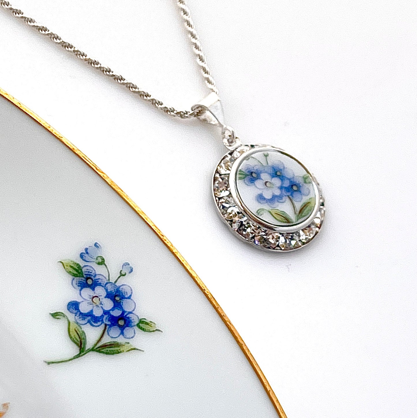 Dainty Forget Me Not China Necklace, Unique Birthday Gifts for Women, Crystal Necklace, Vintage Broken China Jewelry, Gifts for Her
