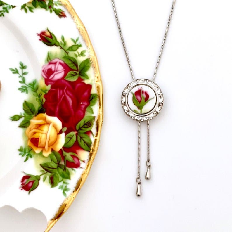 Adjustable Broken China Jewelry Necklace Old Country Roses, Crystal Bolo Tie for Women, Gifts for Women