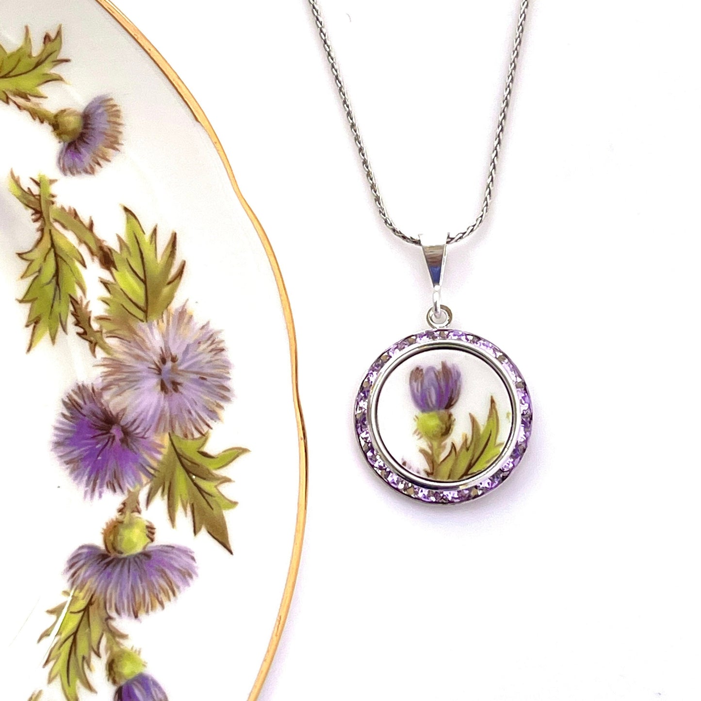 Scottish Thistle China Necklace, Unique Scottish Gifts for Women, Crystal Necklace, Broken China Jewelry, Thistle Jewelry, Birthday Gifts