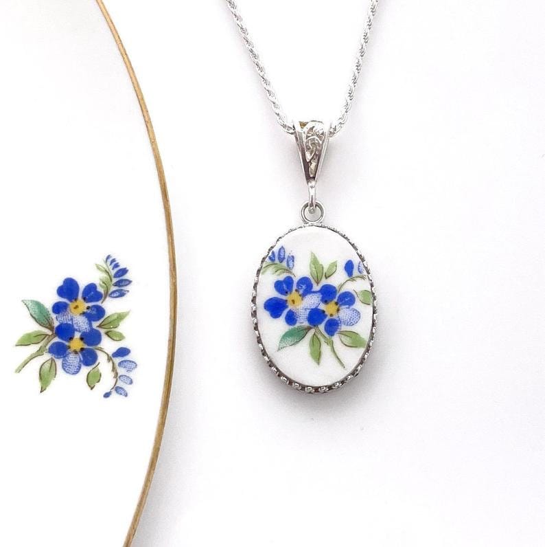 Broken China Necklace Forget Me Not Flower Necklace Anniversary Gift for Wife Repurposed Jewelry