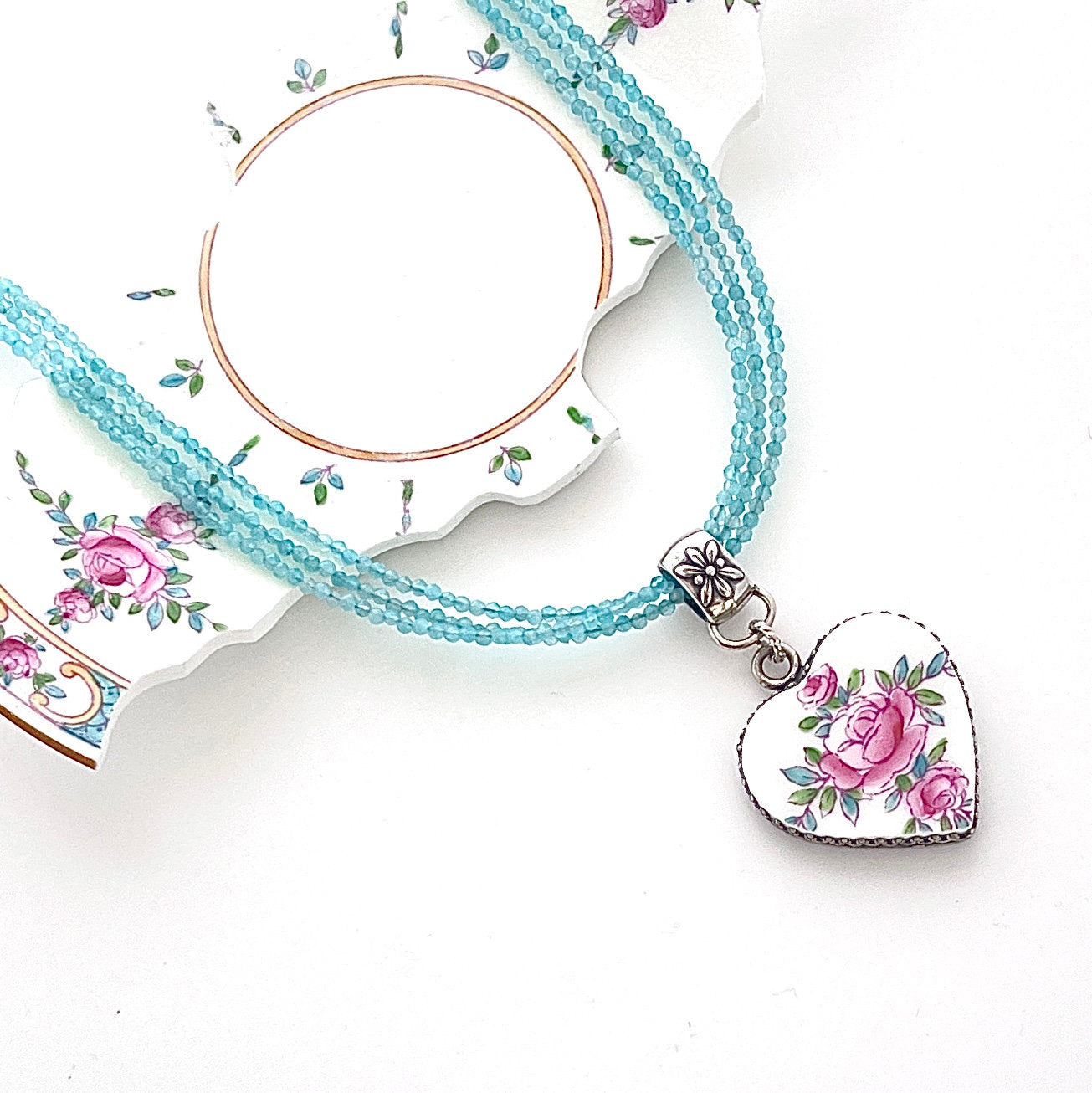 Minton China Persian Rose Broken China Jewelry, 20th Anniversary Gift for Wife, Romantic Heart Necklace