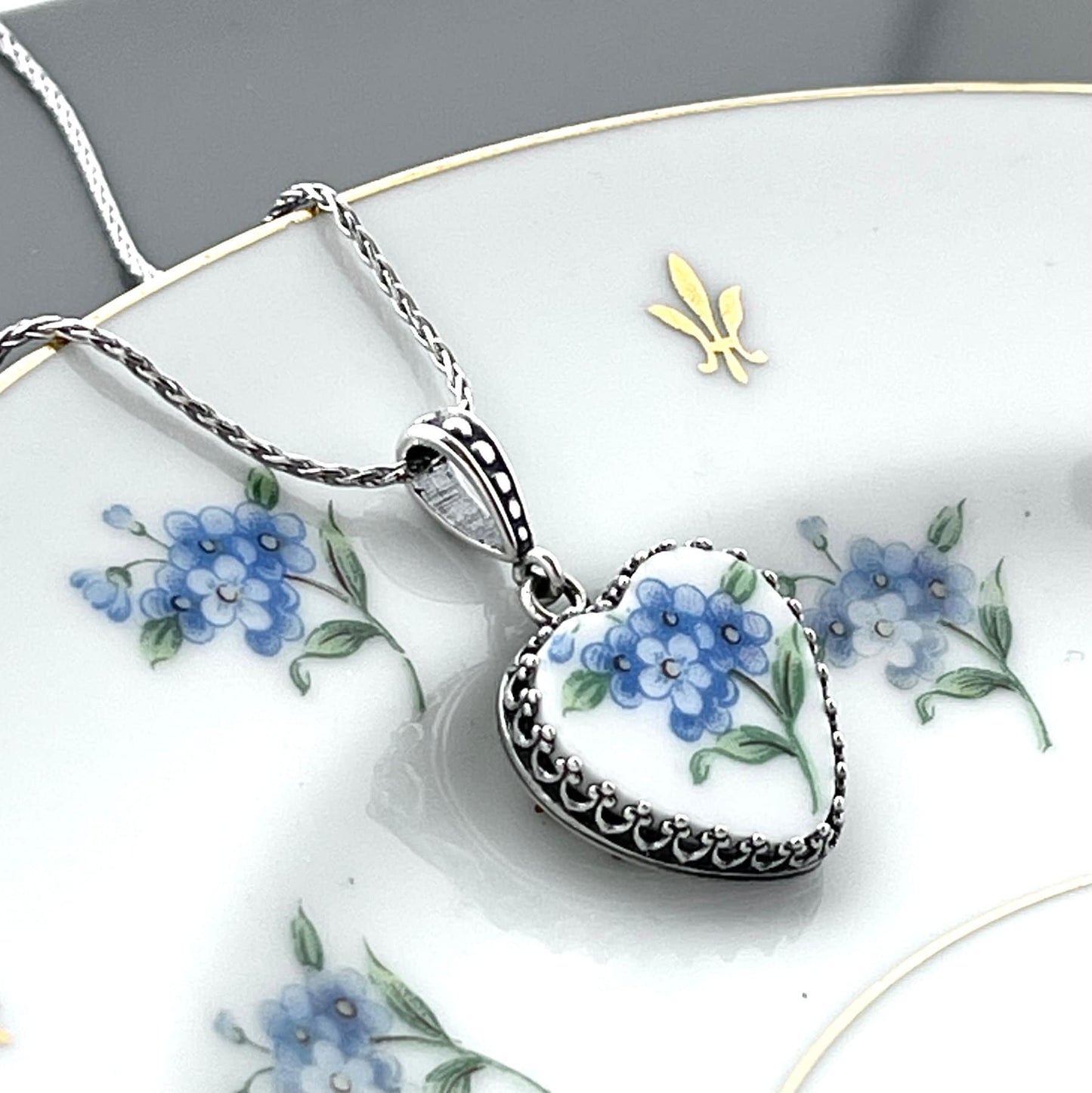 Forget Me Not China Jewelry Set, Romantic 20th Anniversary China Gift for Wife, Silver Necklace and Earrings, Gifts for Women