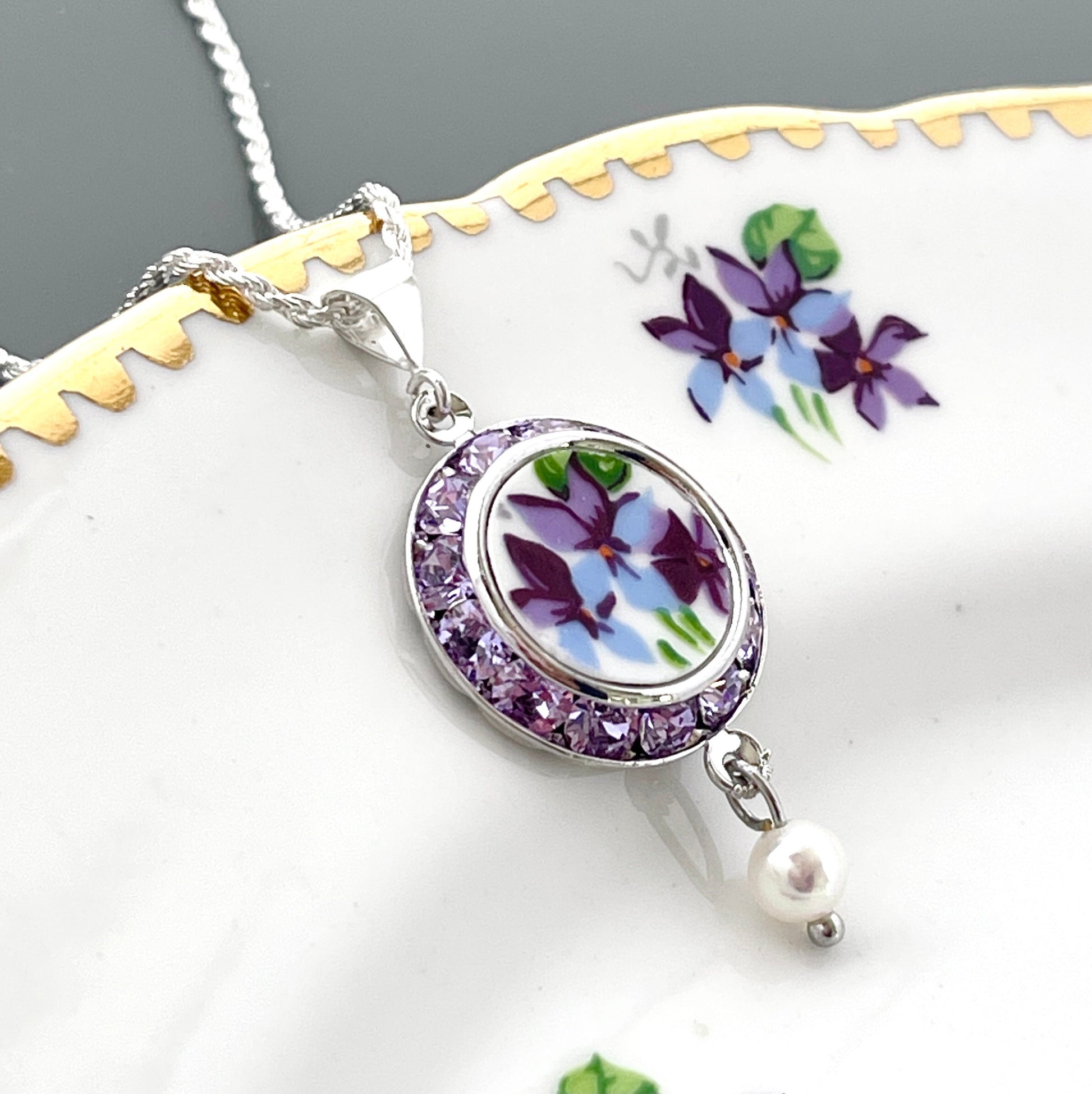 Purple Violet Crystal Necklace, Broken China Jewelry Pearl Pendant, Unique Birthday Gift for Wife