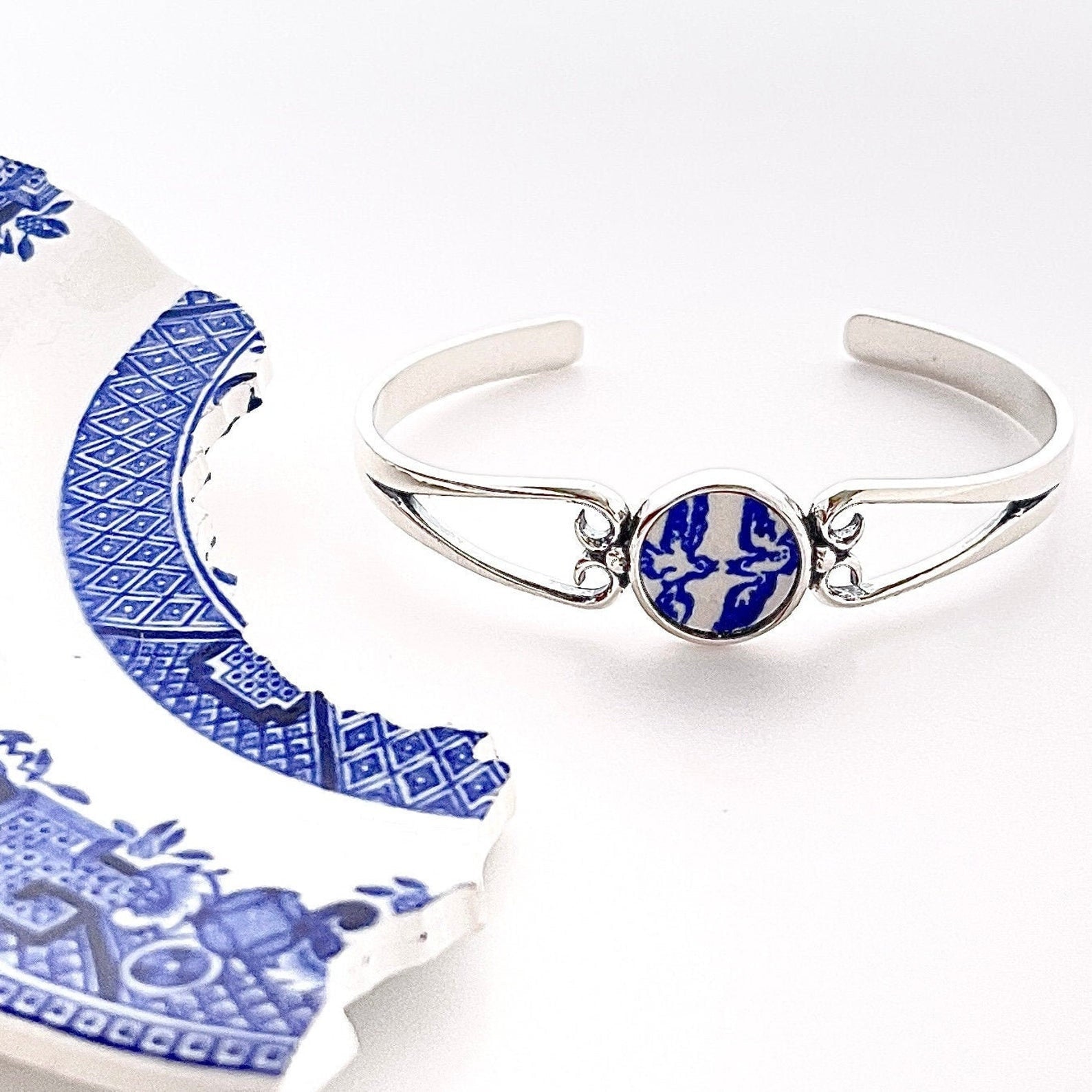9th Anniversary Gift for Wife, Blue Willow Love Birds Broken China Jewelry, Dainty Sterling Silver Cuff Bracelet