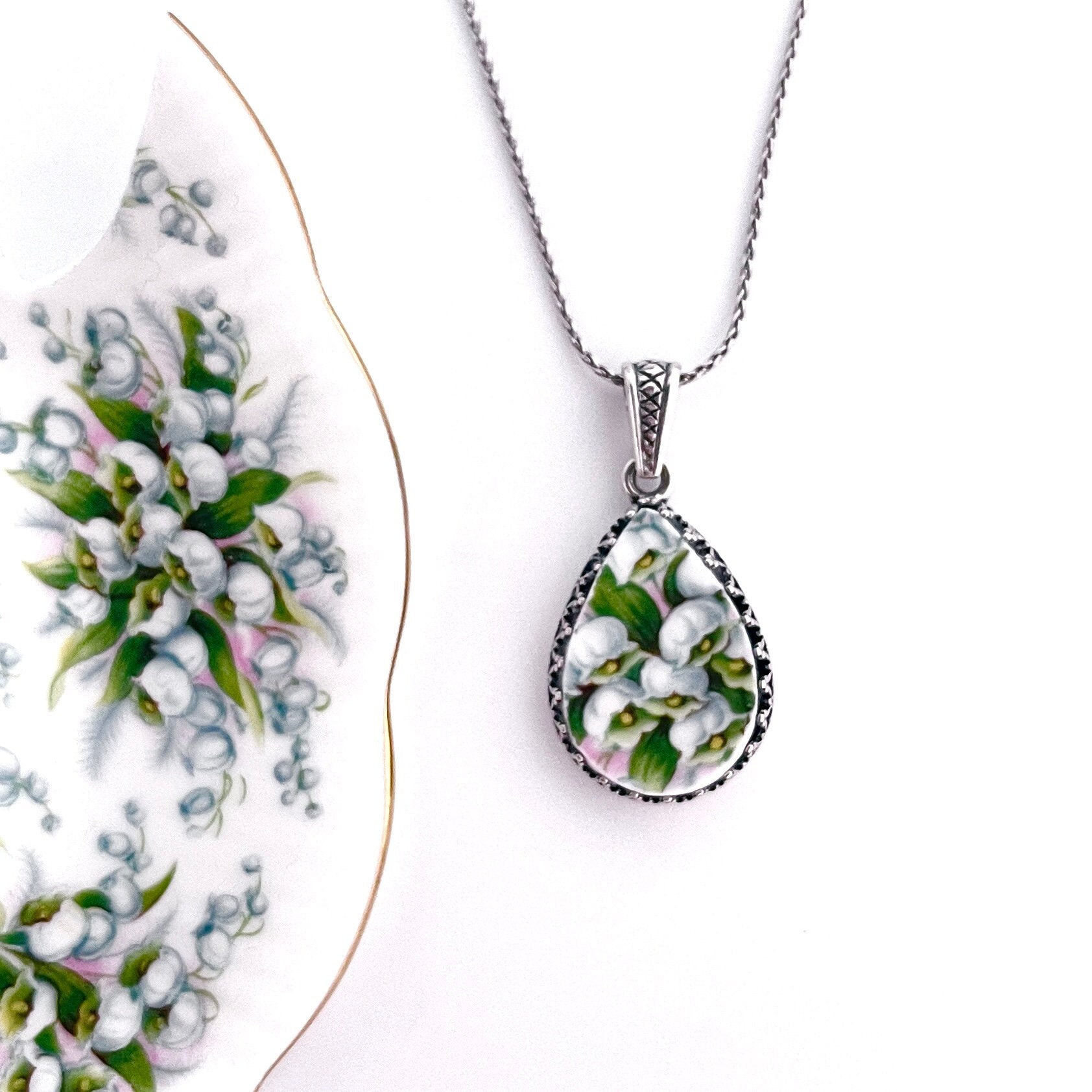 Lily of the Valley Broken China Jewelry Pendant, 20th Anniversary Gift for Wife, China Necklace, Unique Gift for Her, Gifts for Her