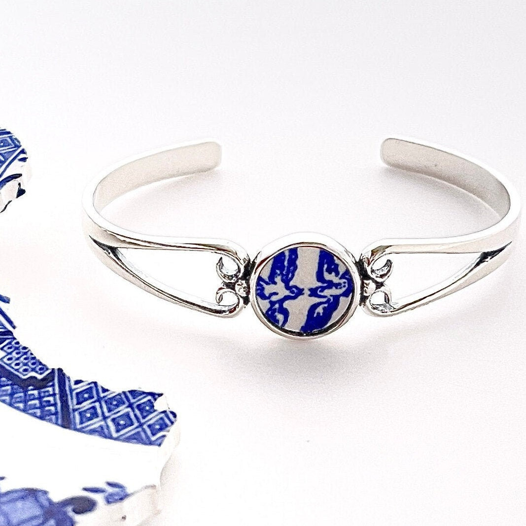 9th Anniversary Gift for Wife, Blue Willow Love Birds Broken China Jewelry, Dainty Sterling Silver Cuff Bracelet