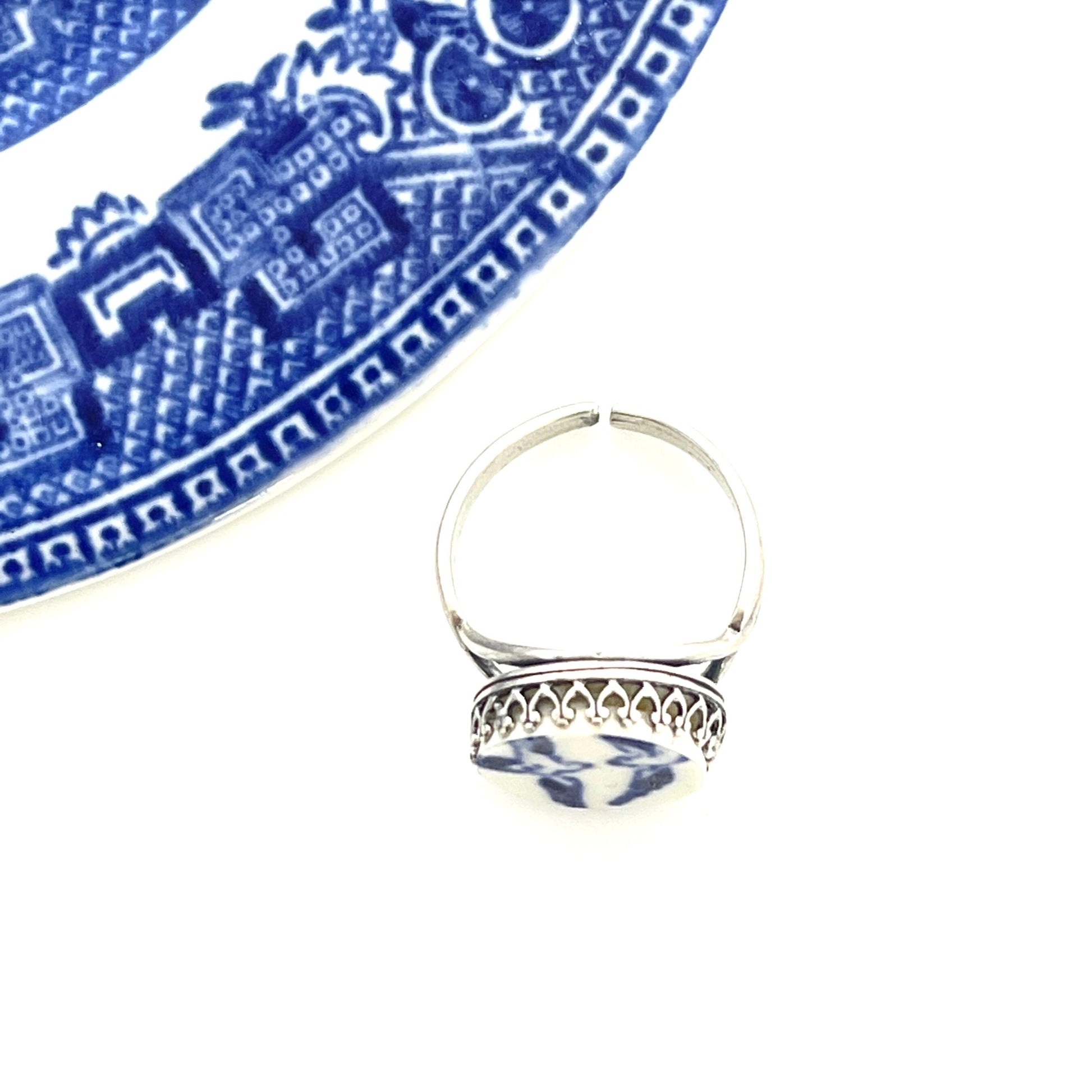 Sterling Silver Blue Willow Broken China Jewelry Ring, Unique Anniversary Gift for Women, Love Birds Jewelry