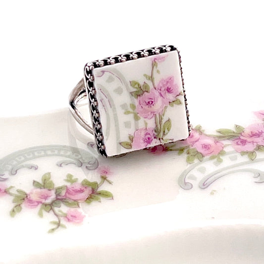 French Limoges China, Shabby Chic Broken China Jewelry, Unique Gift for Her, Square Sterling Silver Rings for Women