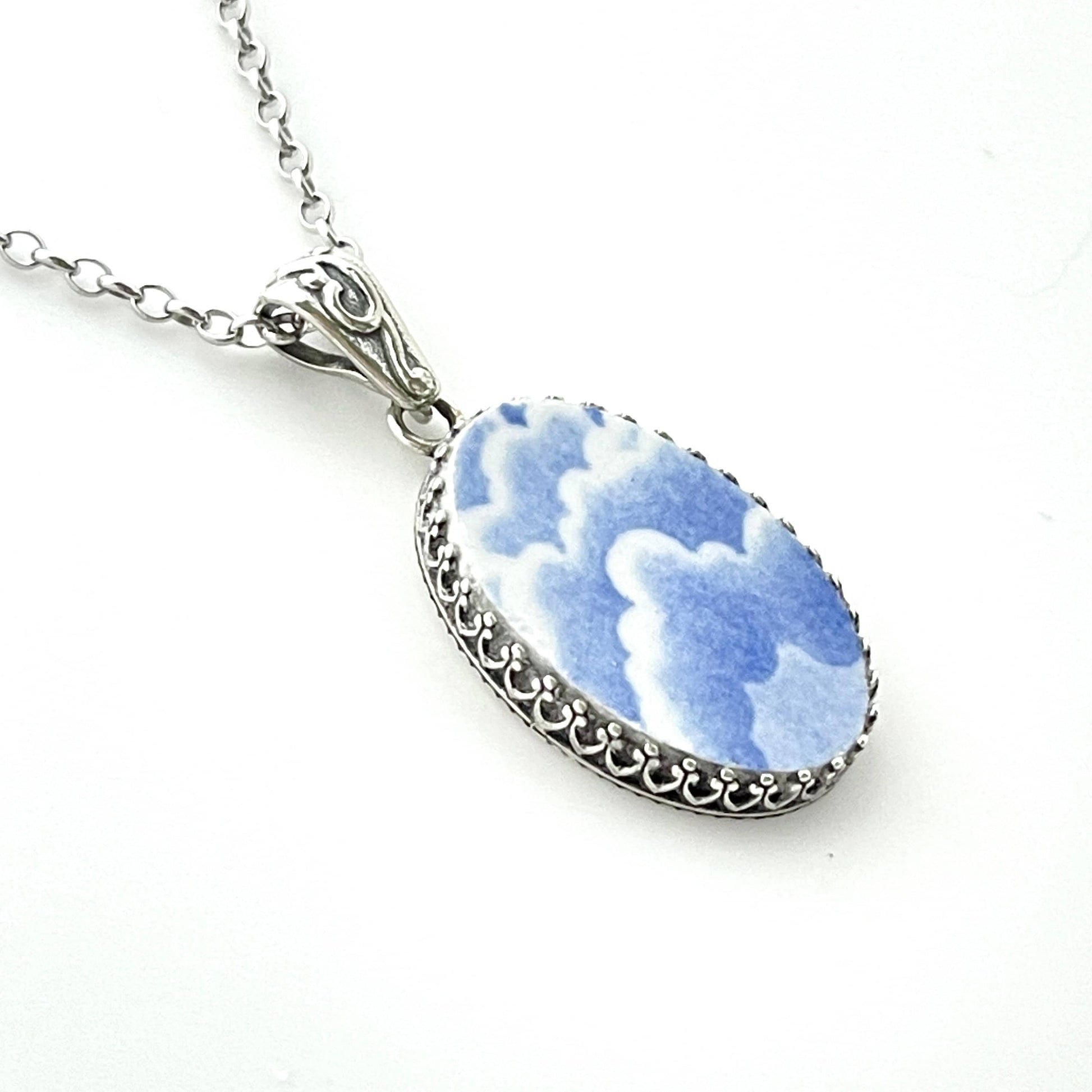 Blue and White Broken China Jewelry, Dream On Cloud Necklace, Unique 20th Anniversary Gift for Wife, Vintage China