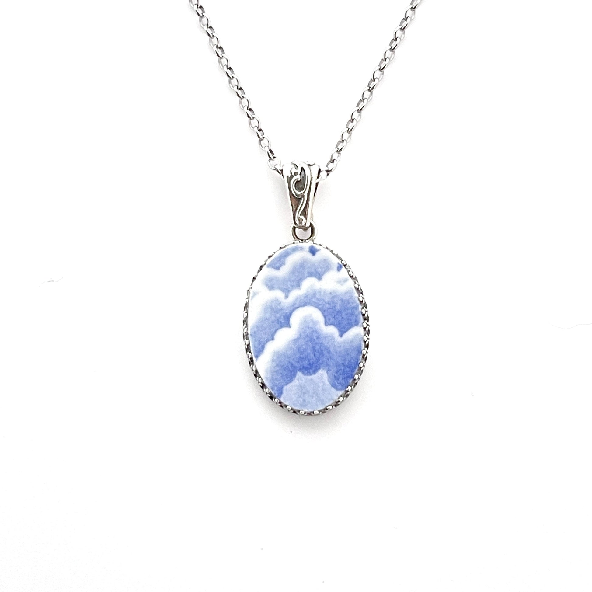 Blue and White Broken China Jewelry, Dream On Cloud Necklace, Unique 20th Anniversary Gift for Wife, Vintage China