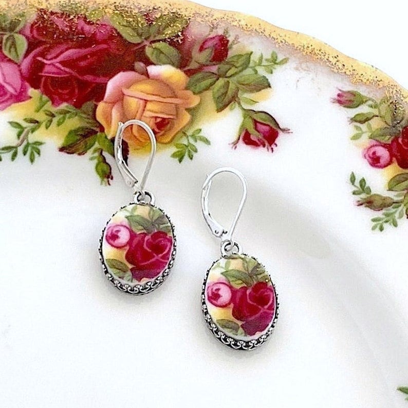 Old Country Roses China Earrings, 20th Anniversary Gift for Wife, Sterling Silver Earrings, Broken China Jewelry, Unique Gifts