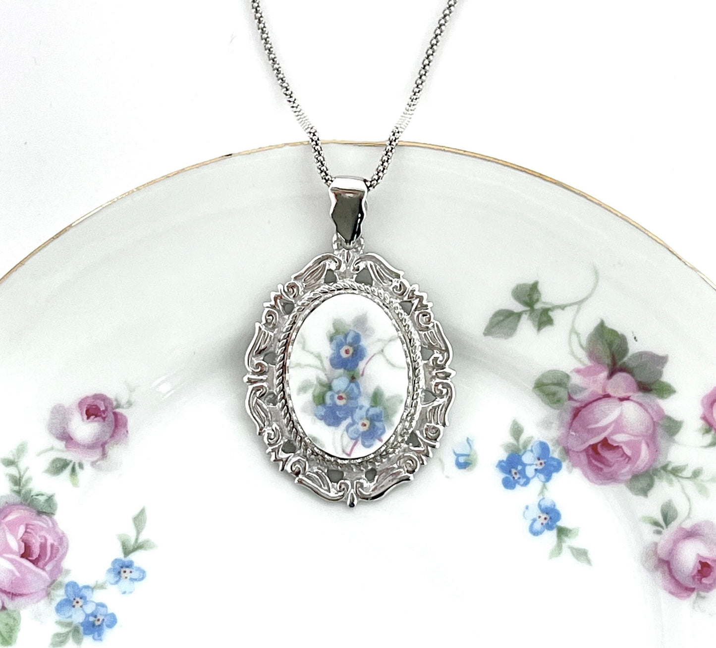 Broken China Jewelry, Sterling Silver Forget Me Not Flower Necklace, 20th Anniversary Gift for Wife, Unique Gift for Women, Victorian