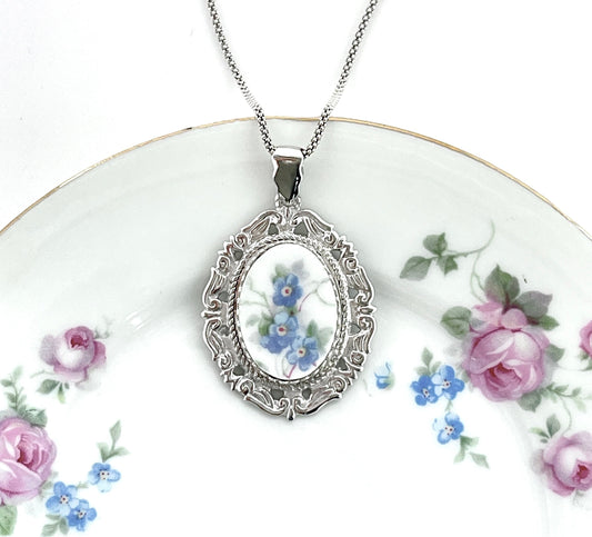 Broken China Jewelry, Sterling Silver Forget Me Not Flower Necklace, 20th Anniversary Gift for Wife, Unique Gift for Women, Victorian
