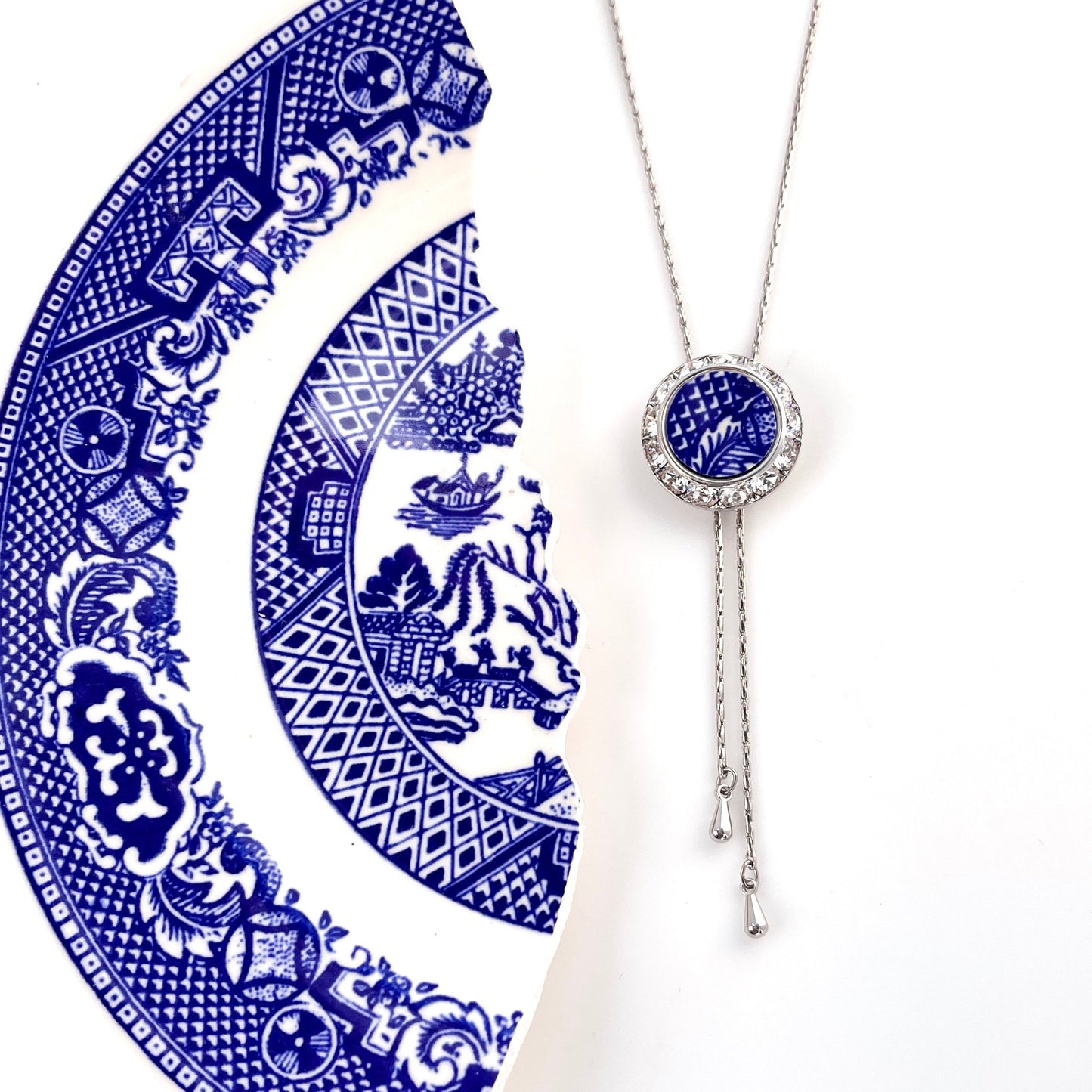 Adjustable Blue Willow Lariat Necklace, Crystal Bolo Tie, Broken China Jewelry, Unique Gift for Mom