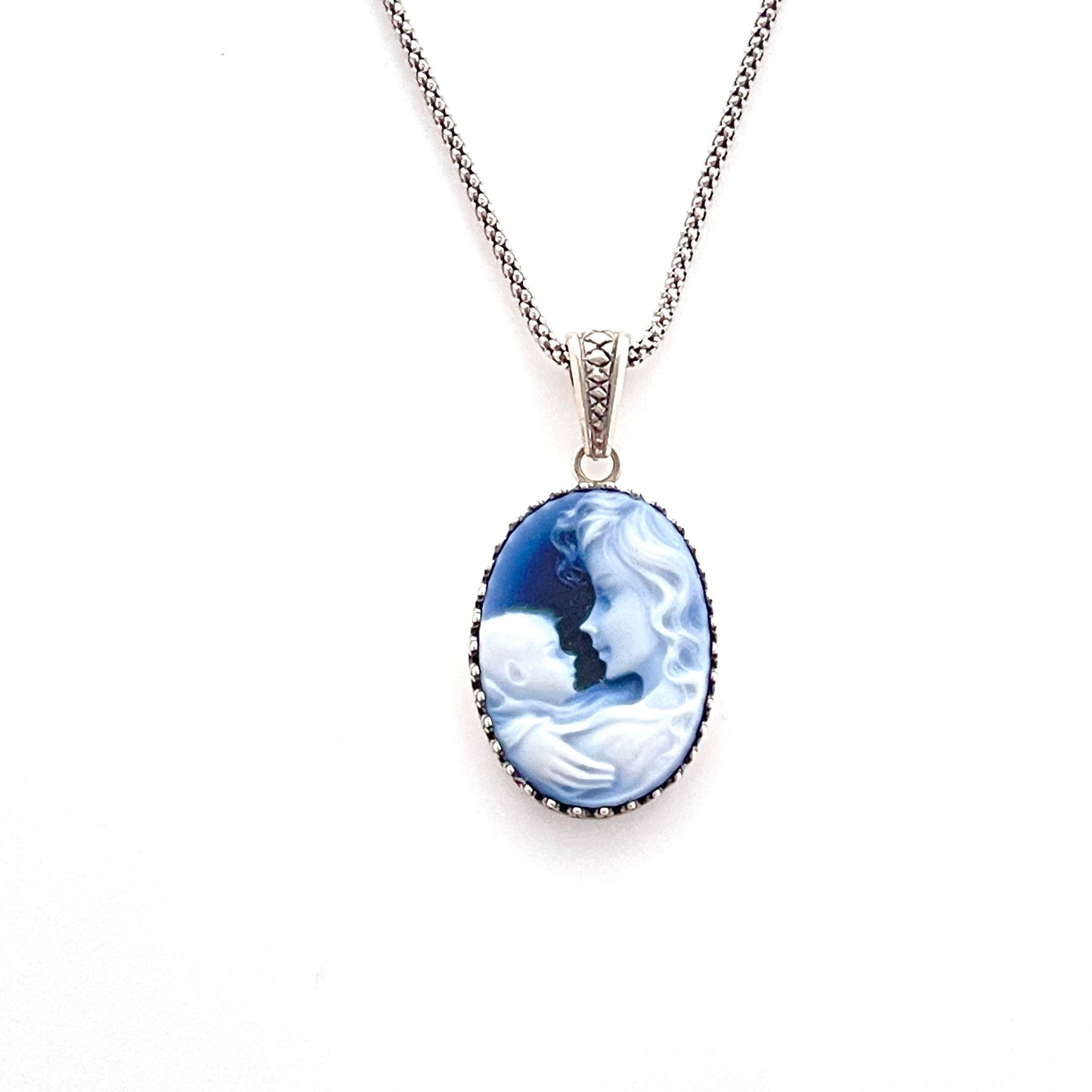 Mother and Child Cameo Necklace, European Cameo, Gift for Mom, Sterling Silver Jewelry, Blue Agate Cameo Pendant, Family Jewelry