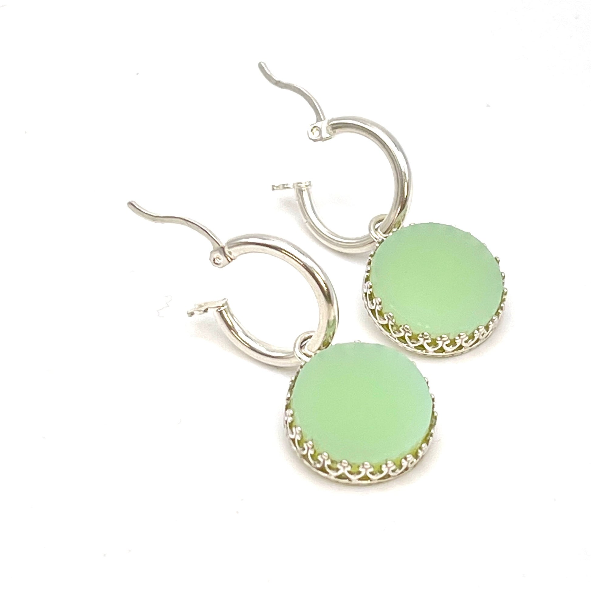 Fire King Jadeite Dangle Earrings, Unique Gifts for Wife, Broken China Jewelry, Sterling Silver Hoops