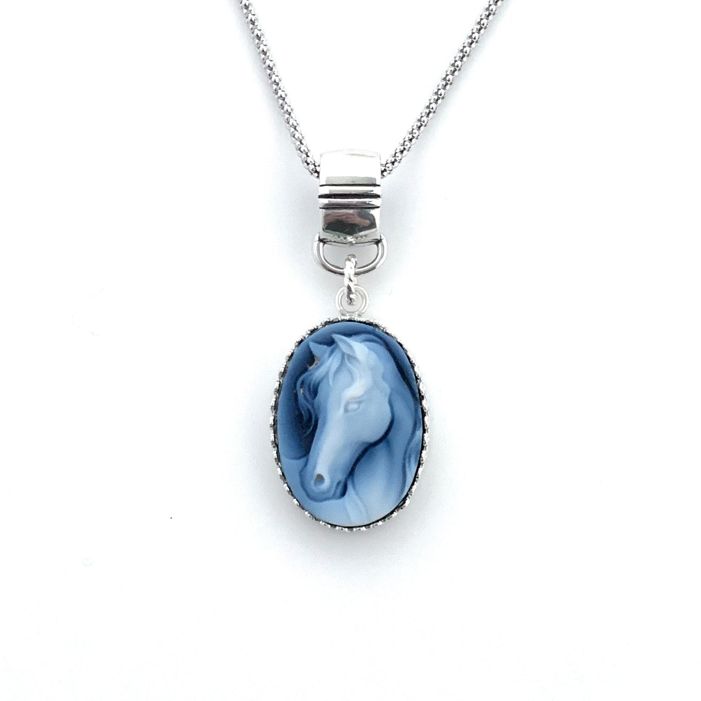 Blue Horse Cameo Necklace, Horse Jewelry, Sterling Silver Pendant, Equestrian Jewelry, Unique  Gifts for Women