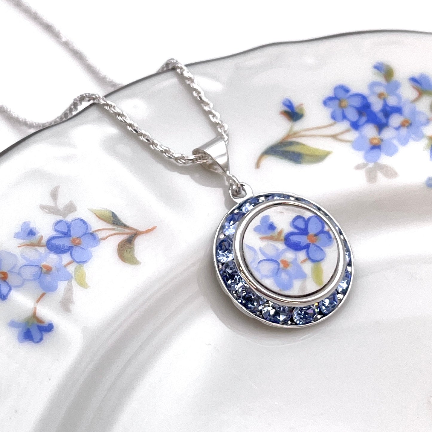 Dainty Forget Me Not China Necklace, Unique Birthday Gifts for Women, Blue Crystal Necklace, Vintage Broken China Jewelry, Gifts for Her