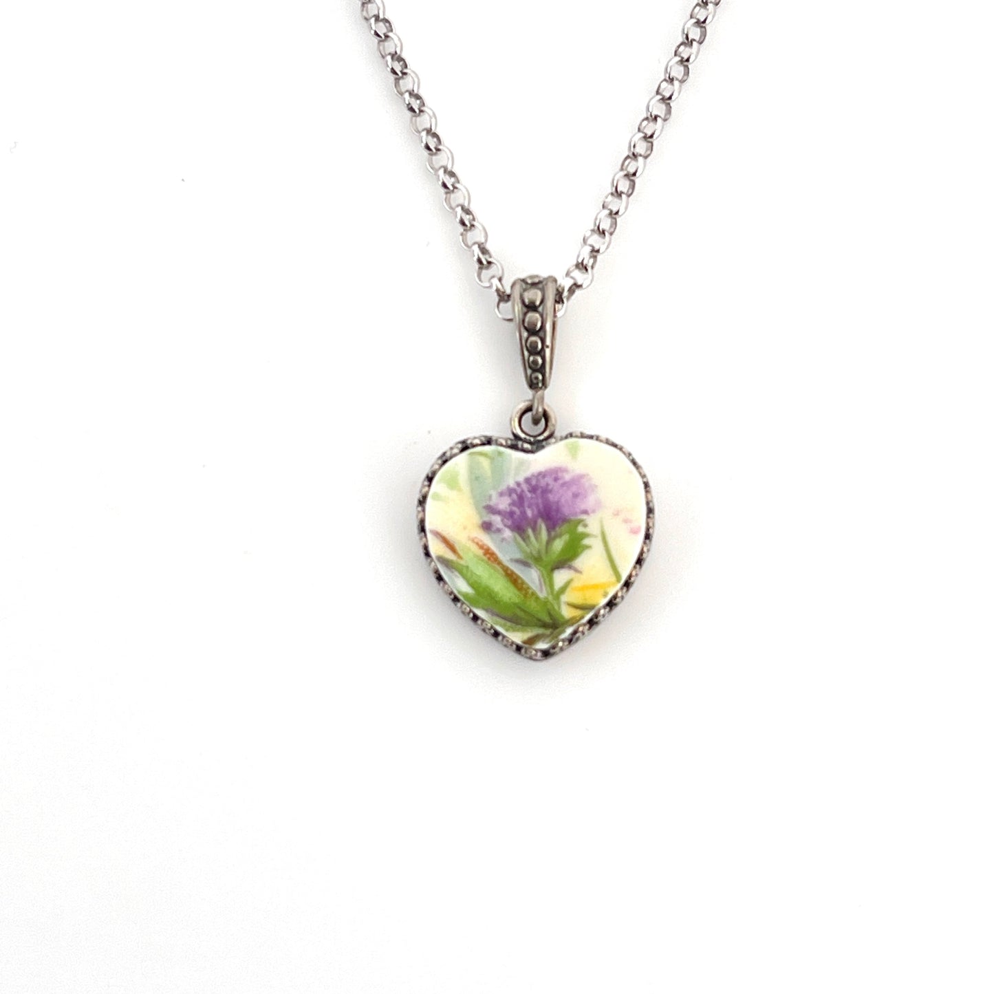 Scottish Thistle Broken China Jewelry, Heart Pendant Necklace, Handmade Jewelry, Anniversary Gifts for Women