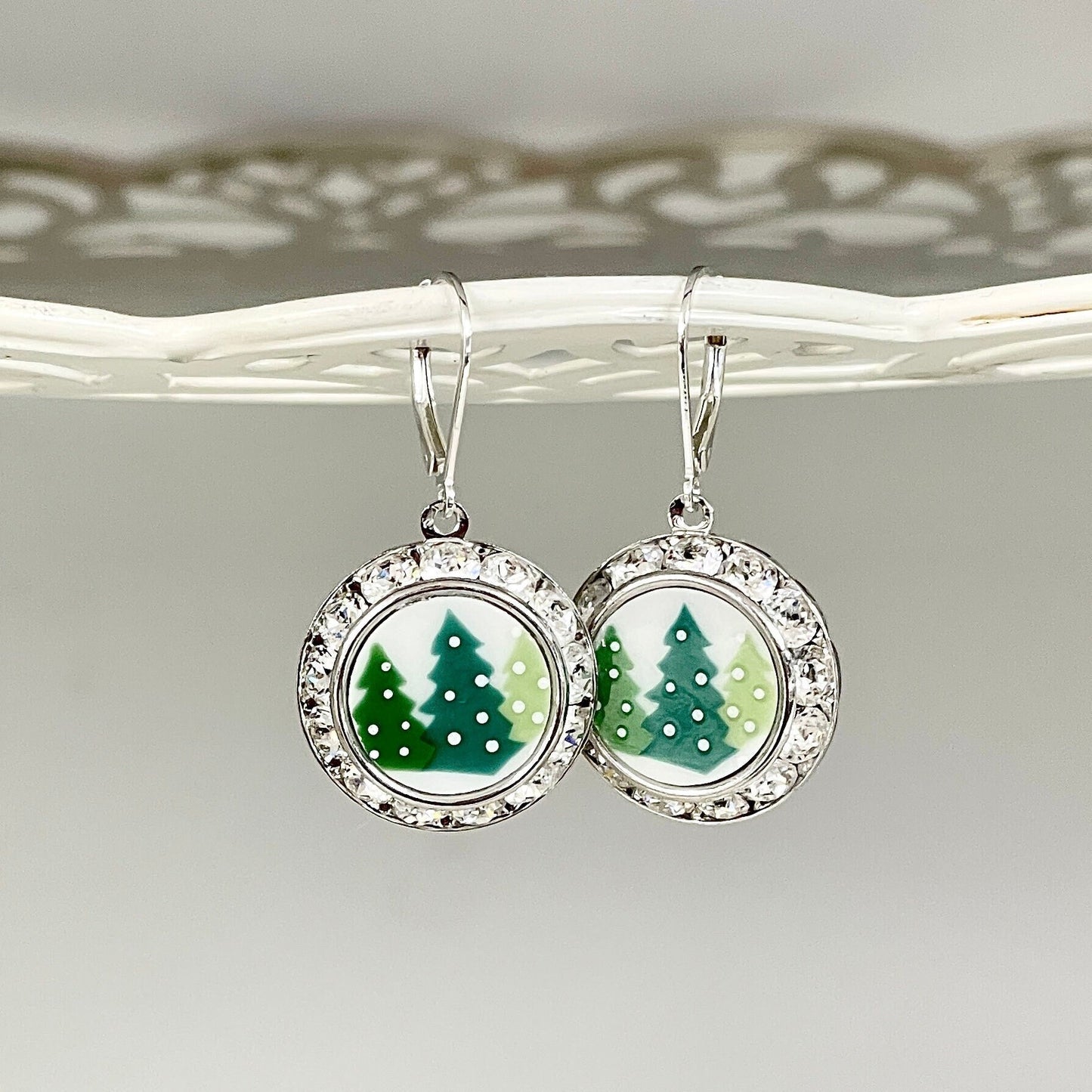 Christmas Tree Crystal Earrings, Vintage Porcelain, Broken China Jewelry Holiday Bling, Christmas Gifts for Women, Stocking Stuffer