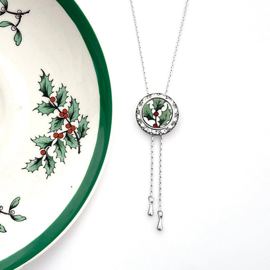 Spode Christmas Tree Lariat Crystal Necklace, Adjustable Broken China Jewelry, Bolo Tie, Christmas Gifts for Women, Stocking Stuffer