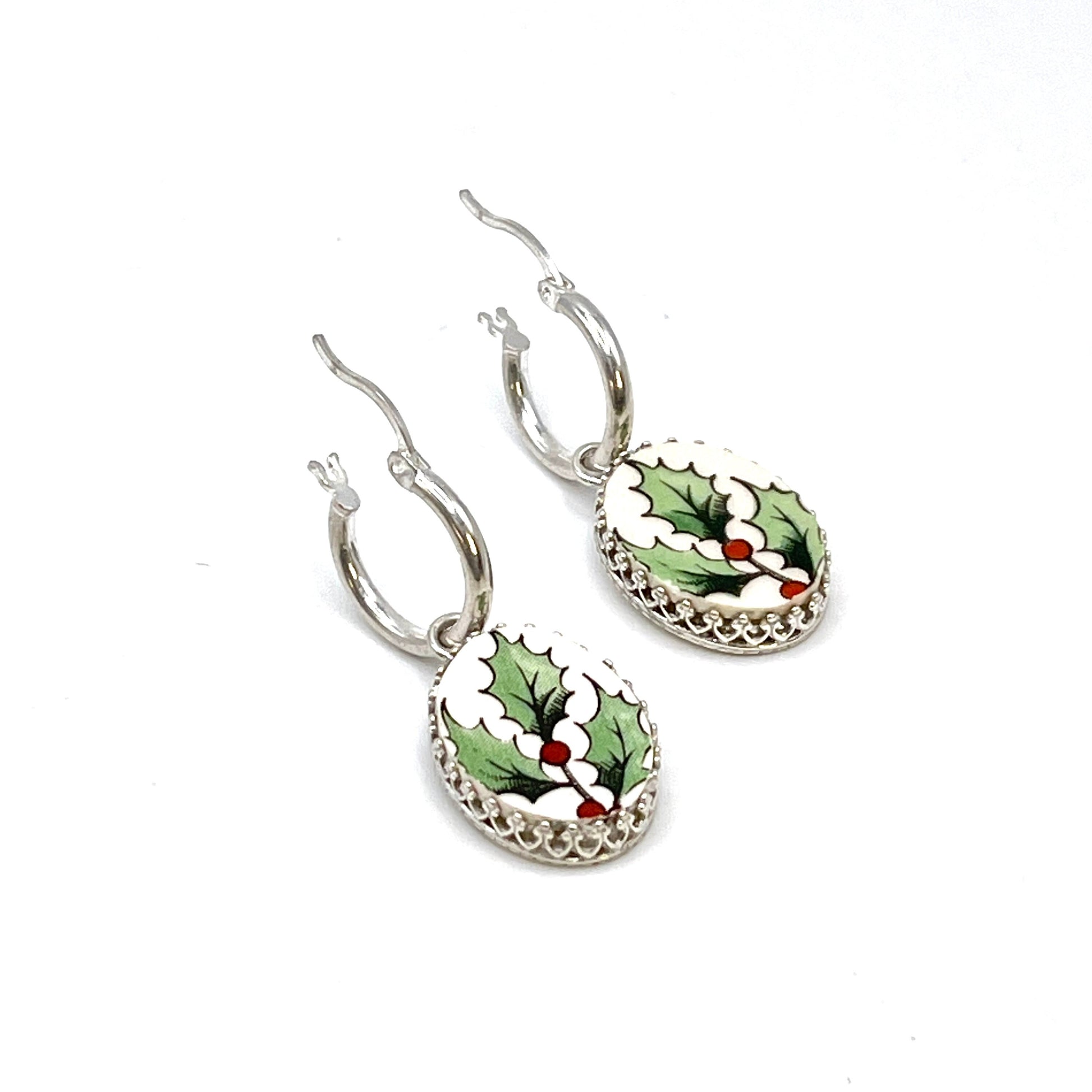 Spode Christmas Tree China Dangle Earrings, Unique Christmas Gifts for Wife, Broken China Jewelry, Sterling Silver Hoops