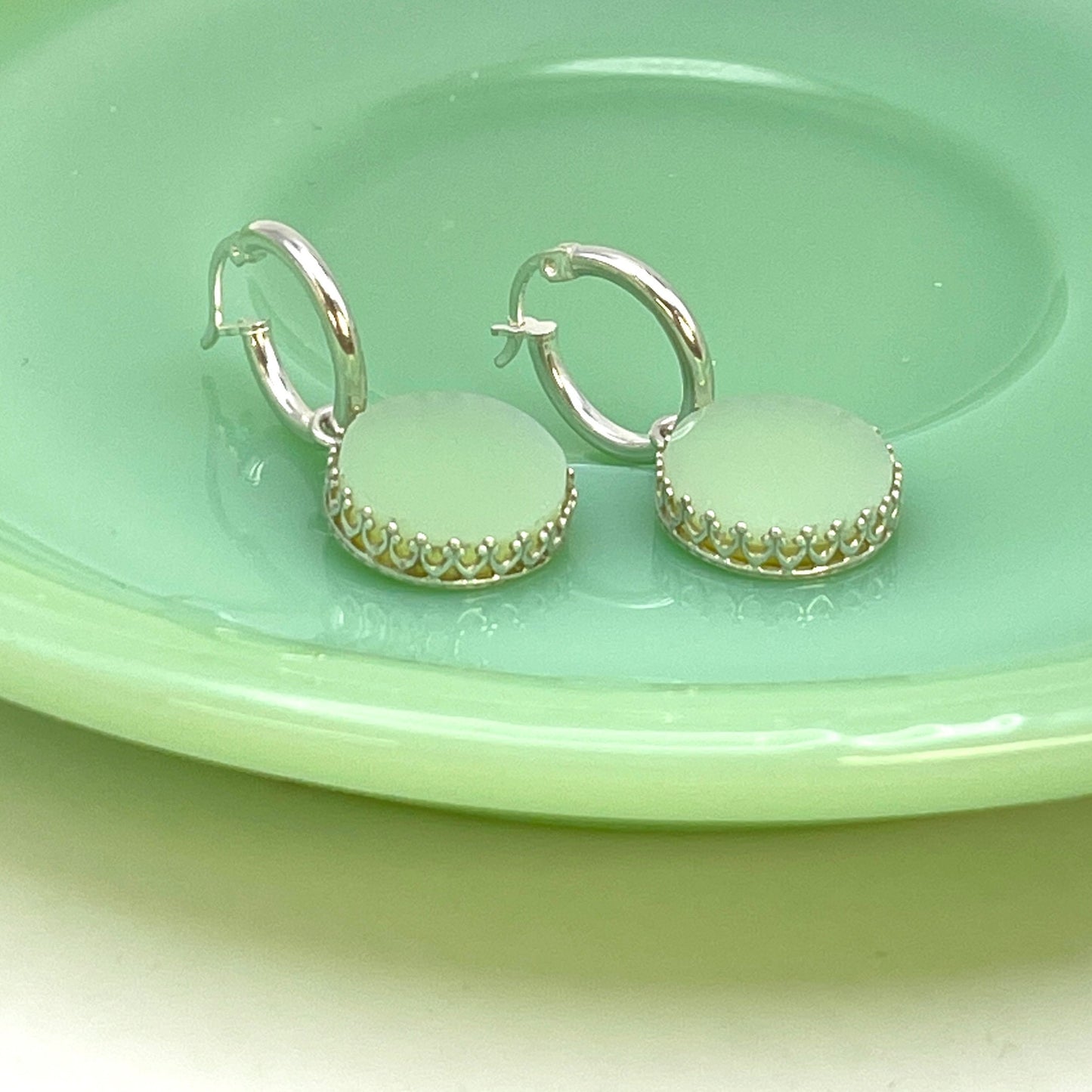 Fire King Jadeite Dangle Earrings, Unique Gifts for Wife, Broken China Jewelry, Sterling Silver Hoops