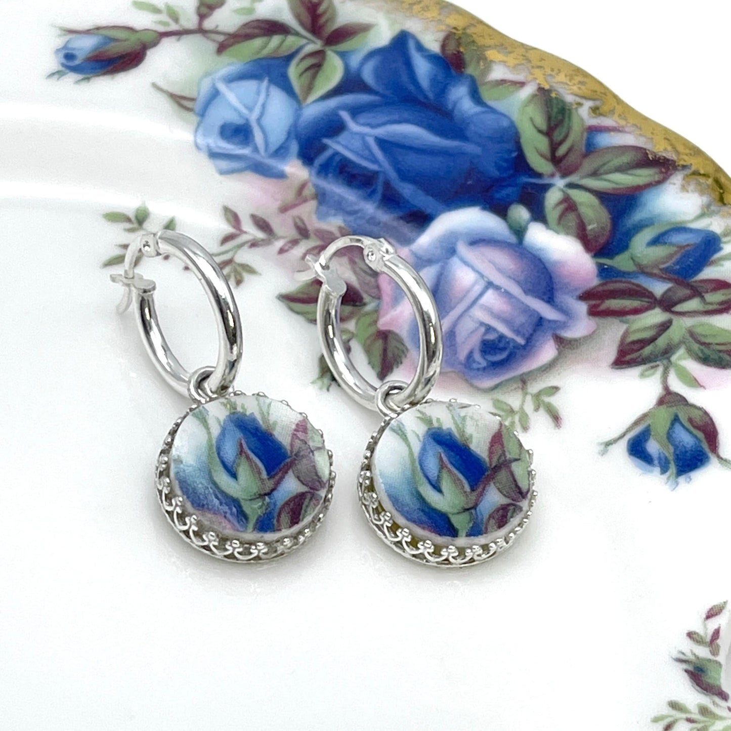 Royal Albert Moonlight Rose Hoop Earrings, Unique Gift for Wife, Broken China Jewelry, Sterling Silver Gifts for Women, Graduation Gifts