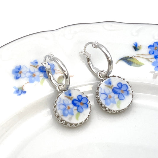 Forget Me Not Hoop Earrings, Unique Christmas Gifts for Wife, Broken China Jewelry, Sterling Silver