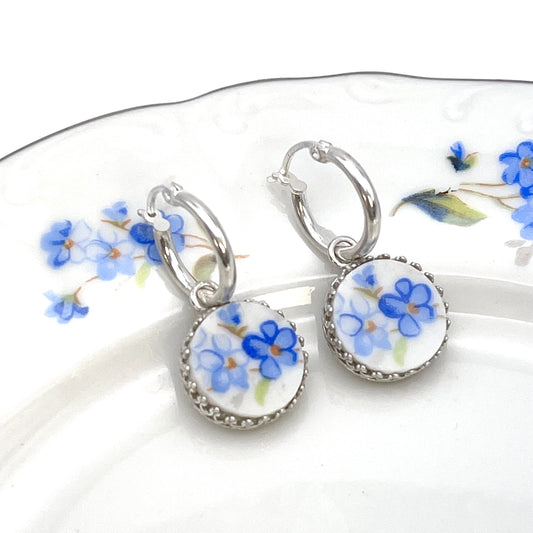 Blue Forget Me Not Me Not Sterling Silver Hoop Earrings, Unique 20th Anniversary Gifts, Gift for Wife, Broken China Jewelry