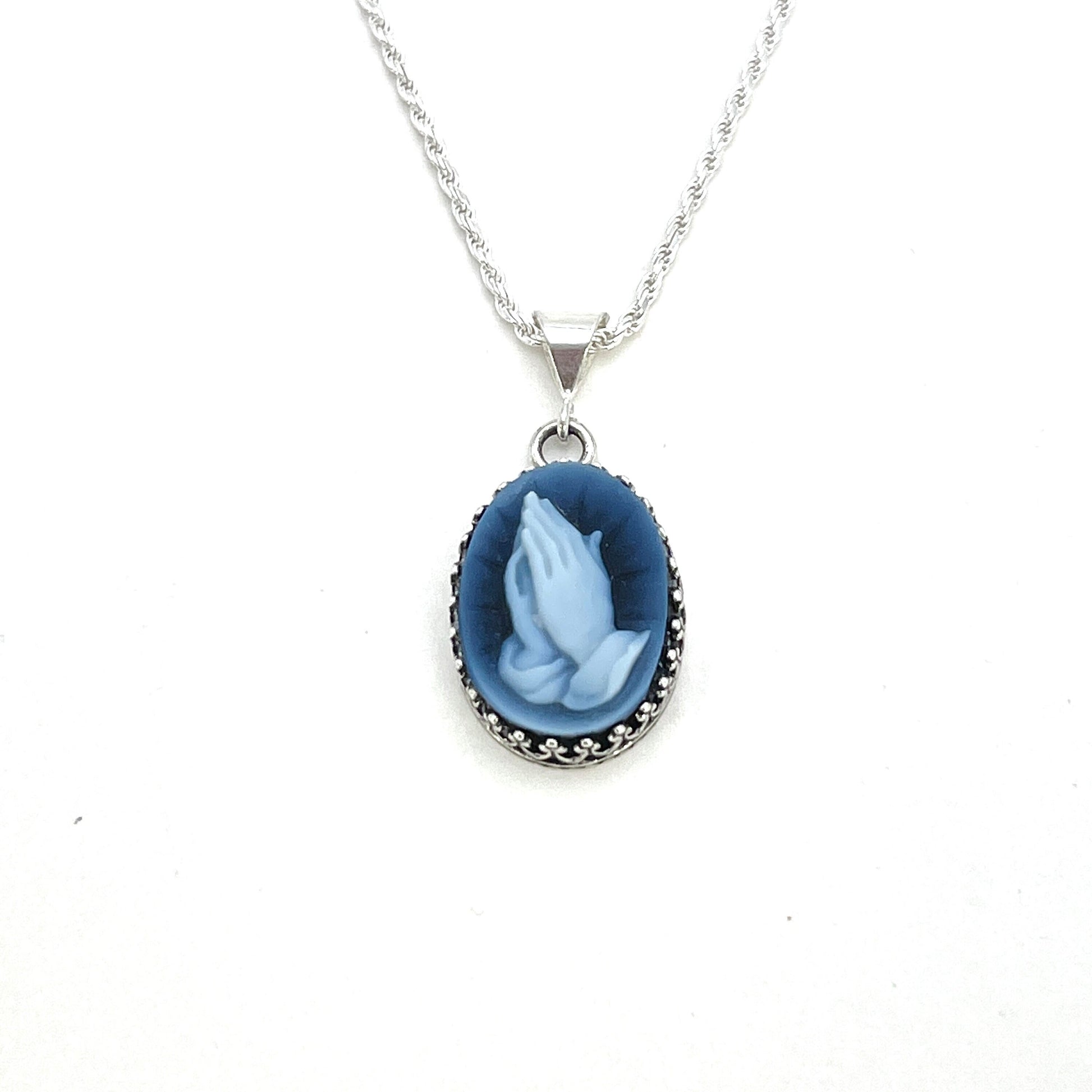 Praying Hands Cameo Necklace, Victorian Necklace, Religious Christian Jewelry, Blue Gemstone Cameo