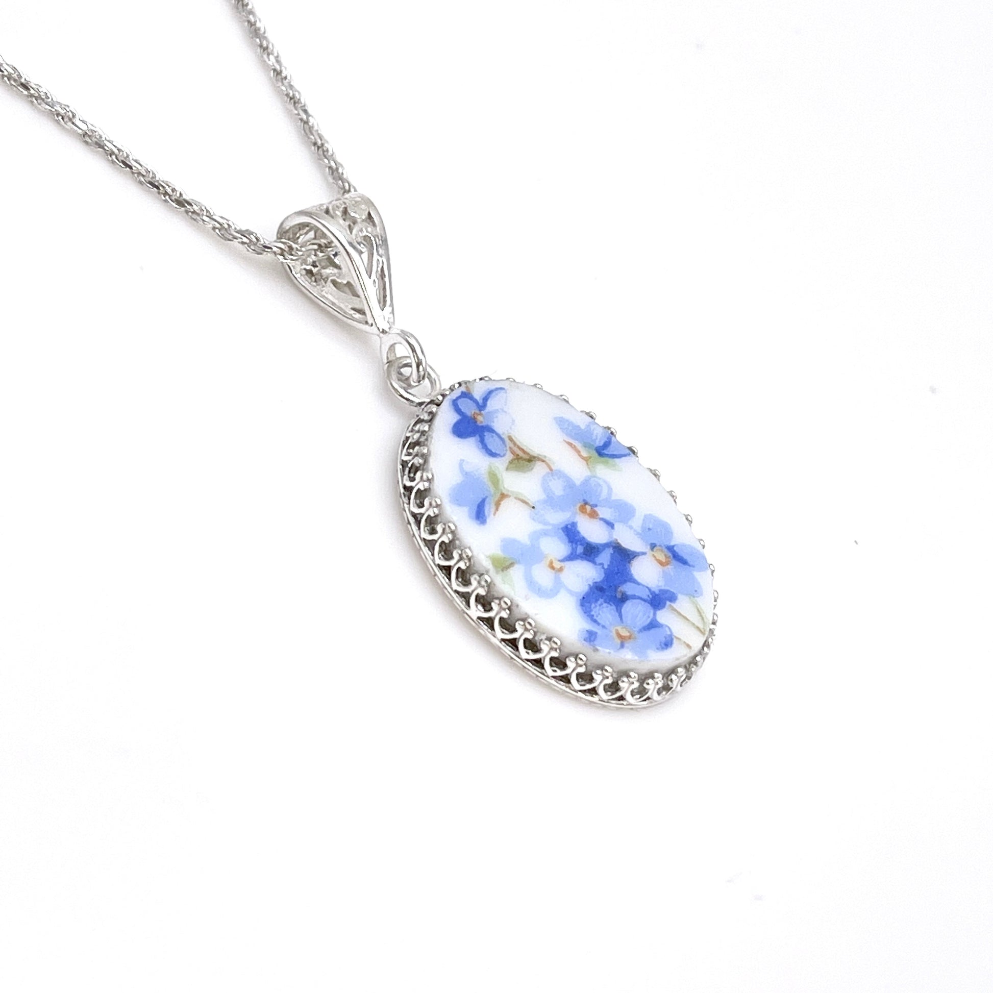 Broken China Jewelry, Forget Me Not Flower Necklace, Vintage Porcelain Necklace, 20th Anniversary Gift for Wife,