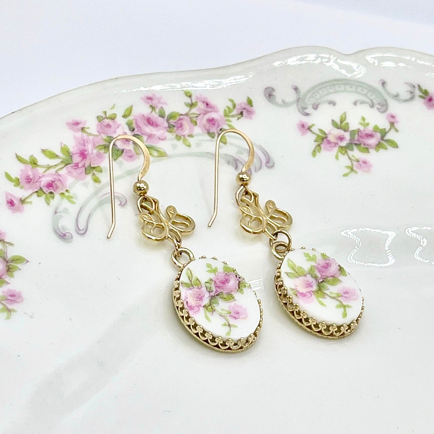 14k Gold Limoges China Earrings