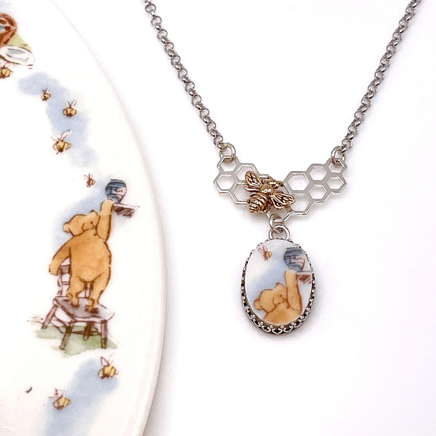 Winnie The Pooh Bear and Bee Necklace, Vintage Jewelry, Broken China Jewelry, Sterling Silver, Unique Gifts for Her