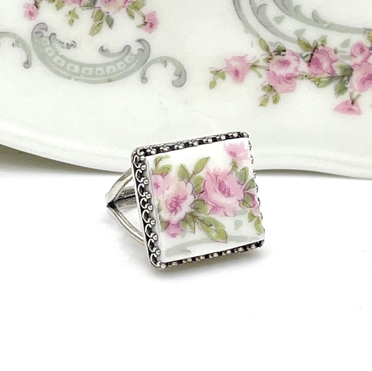 French Limoges China, Victorian Broken China Jewelry,  Sterling Silver Rings for Women, Pink Roses