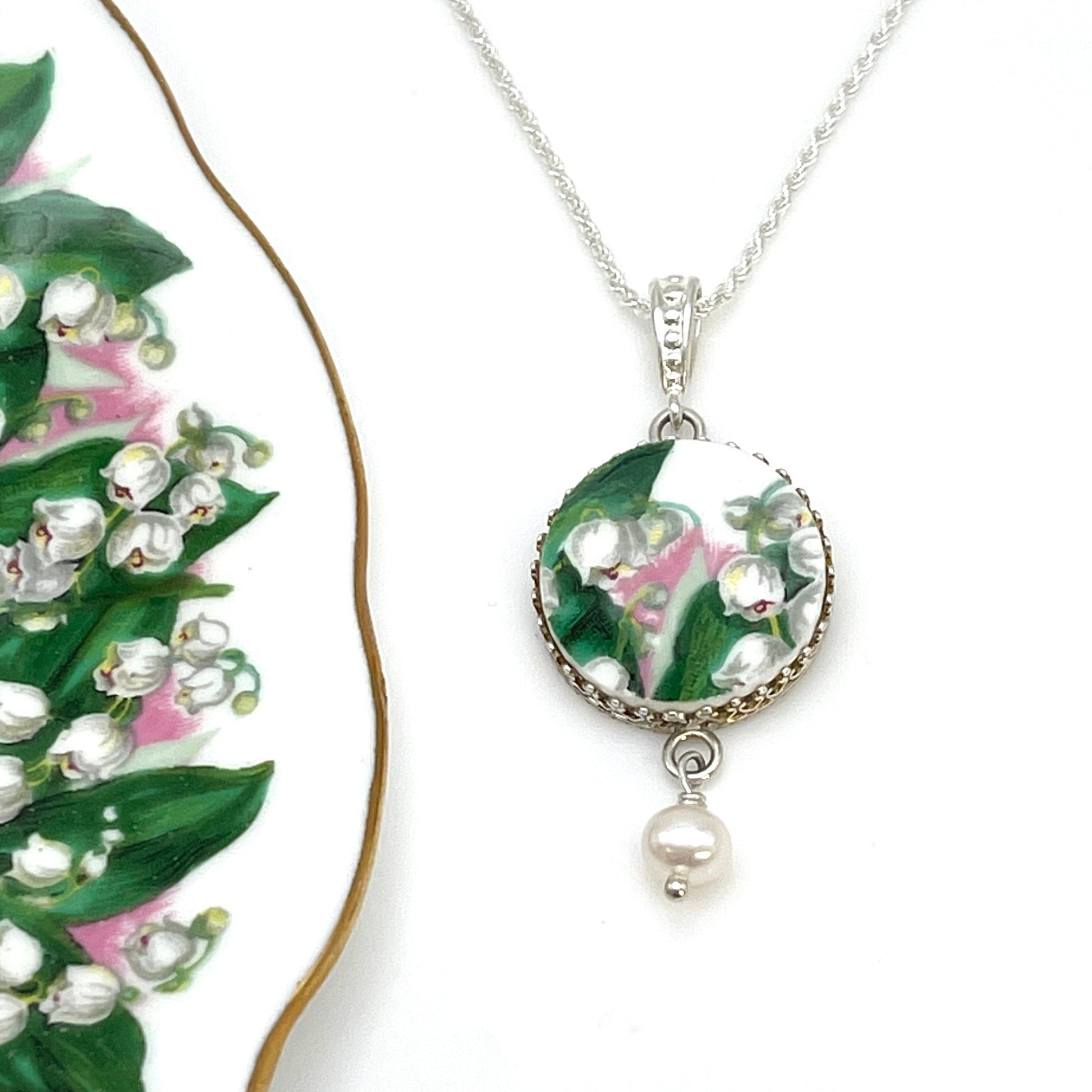 Porcelain Lily of the Valley Necklace, Broken China Jewelry, Unique 18th Anniversary Gifts, Gift for Wife