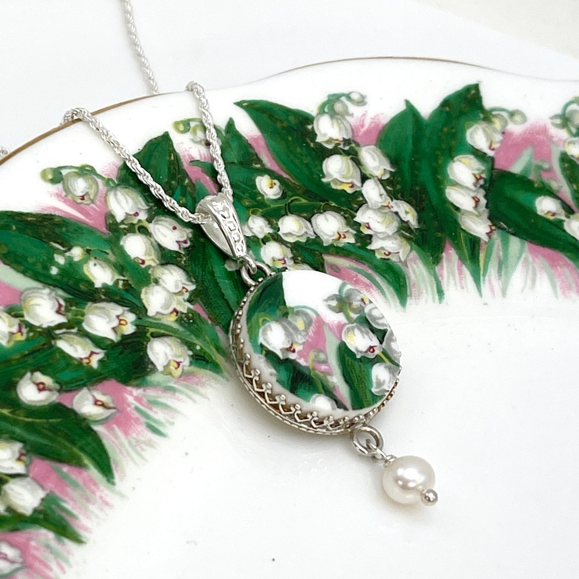 Porcelain Lily of the Valley Necklace, Broken China Jewelry, Unique 18th Anniversary Gifts, Gift for Wife