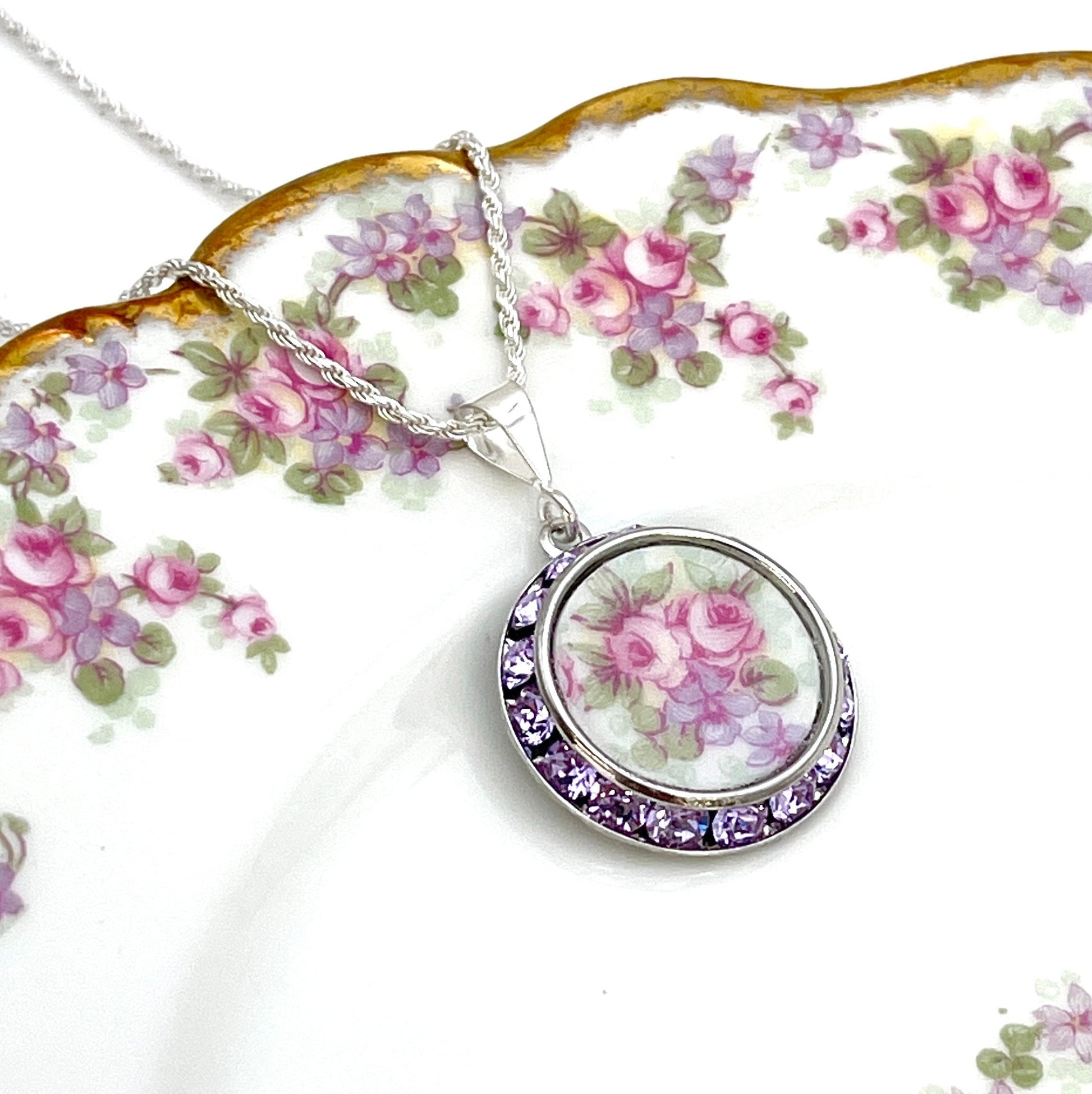 Purple Violet Crystal Necklace, Limoges Broken China Jewelry, Unique Gifts, Birthday Gift for Wife