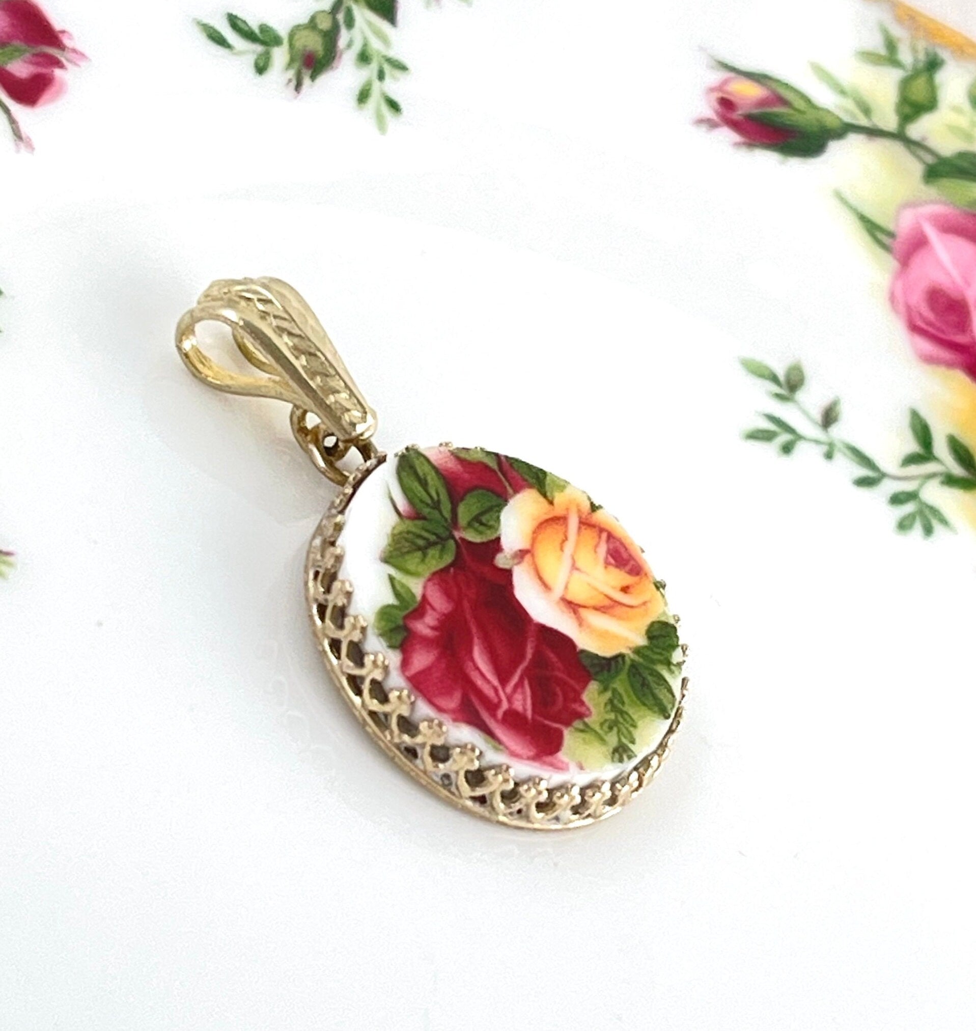 14K Gold Red Rose Broken China Jewelry, Royal Albert Old Country Roses China Necklace, Unique 18th and 20th Anniversary Gift for Wife