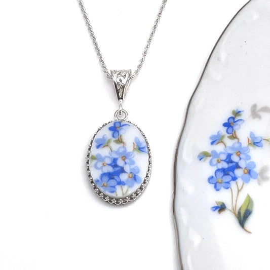 Broken China Jewelry, Forget Me Not Flower Necklace, Vintage Porcelain Necklace, 20th Anniversary Gift for Wife,