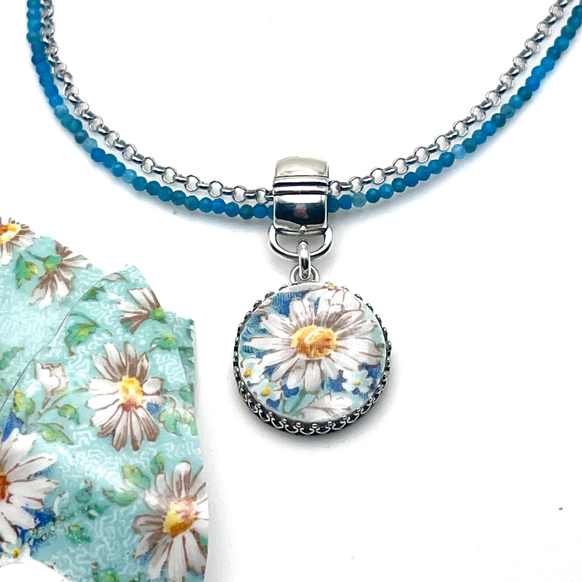 Sterling Silver Daisy Necklace, Broken China Jewelry, Summer Jewelry, 20th Anniversary Gift for Wife, Gemstone Necklace